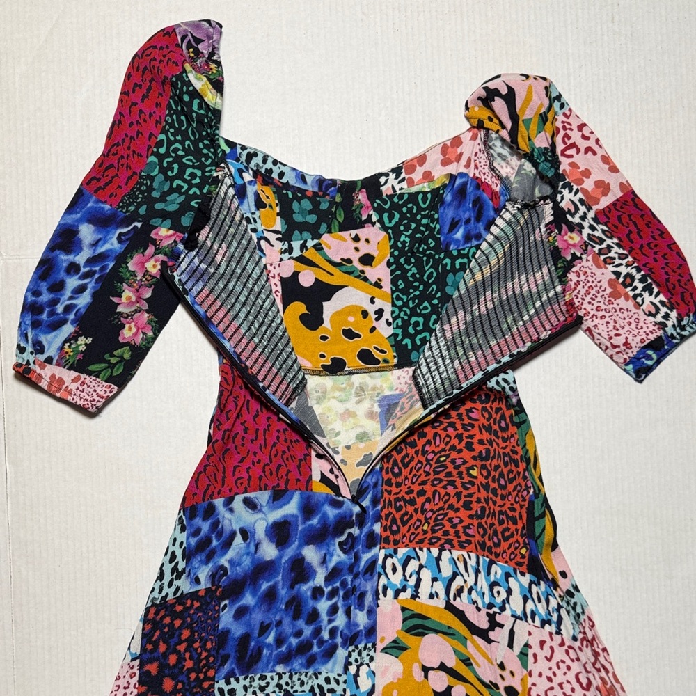 DESIGUAL Colorful Animal Print Patchwork Midi Dress Side Slit Smocked Back SM - Picture 17 of 17